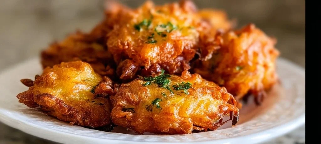 Golden brown Amish onion fritters served on a plate