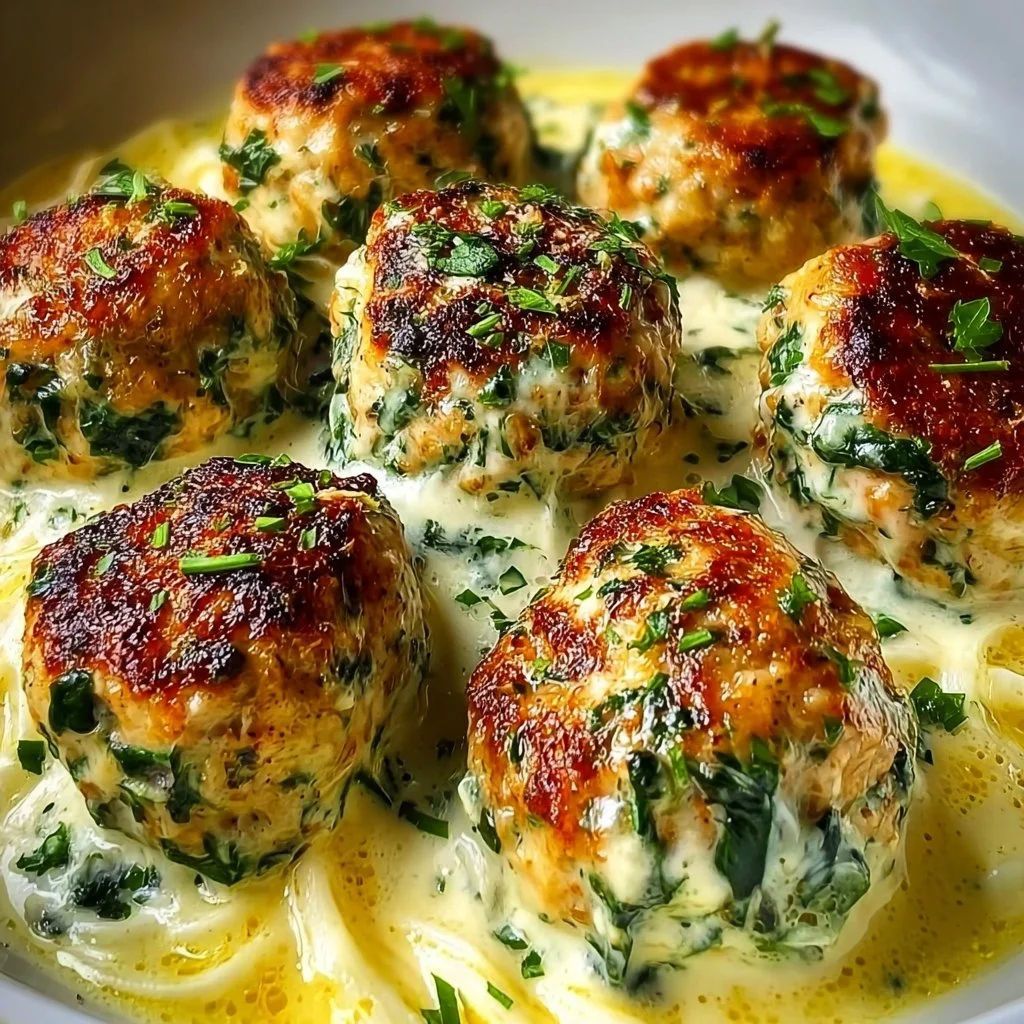 Baked Chicken Meatballs with Ricotta and Spinach Alfredo Sauce