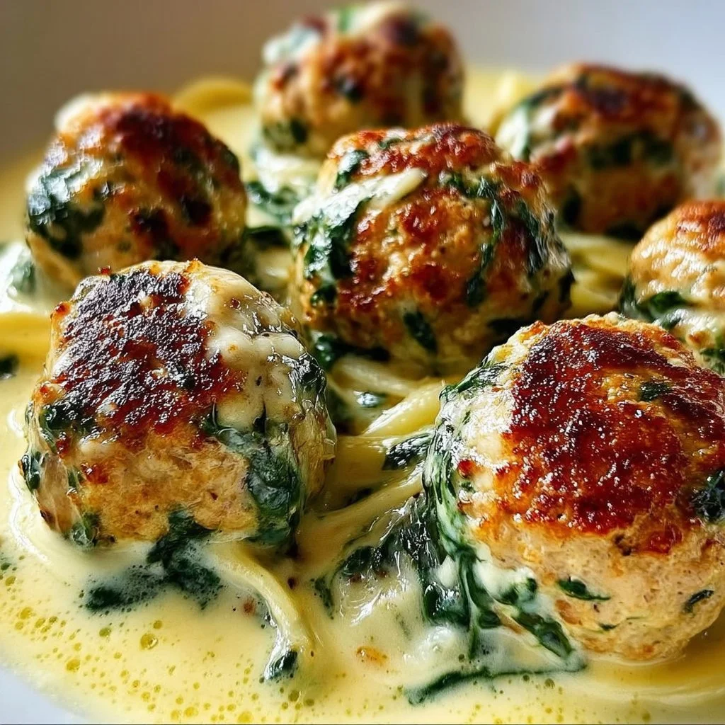 Baked Chicken Meatballs with Ricotta and Spinach Alfredo Sauce