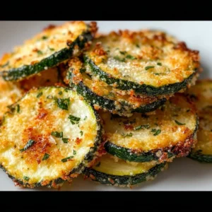 Crispy Baked Parmesan Zucchini Slices garnished with herbs