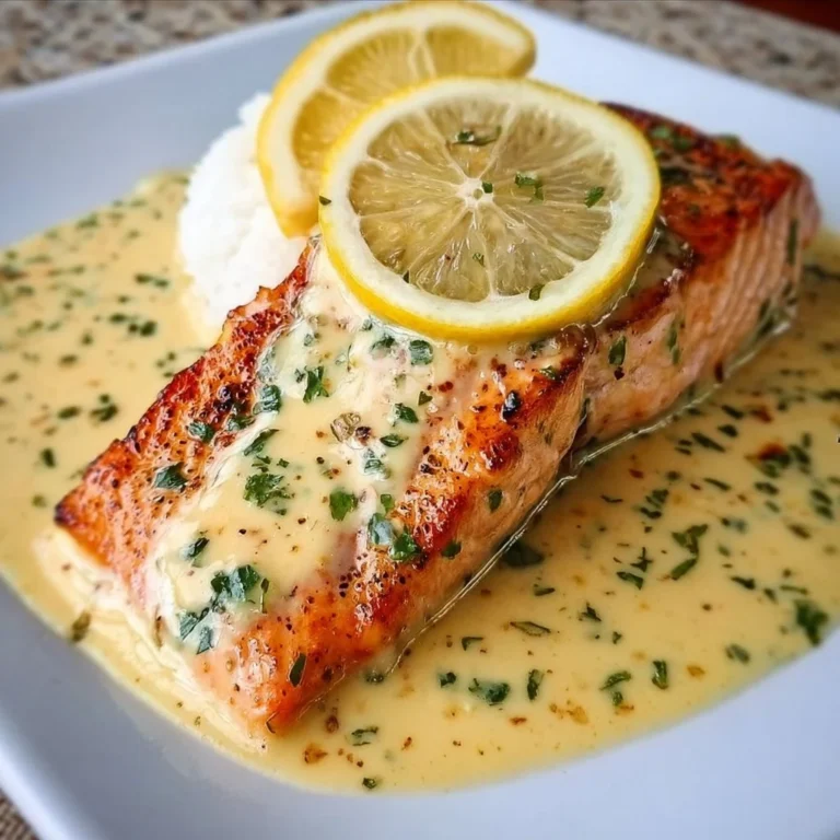 Baked salmon fillet topped with lemon butter cream sauce, garnished with herbs