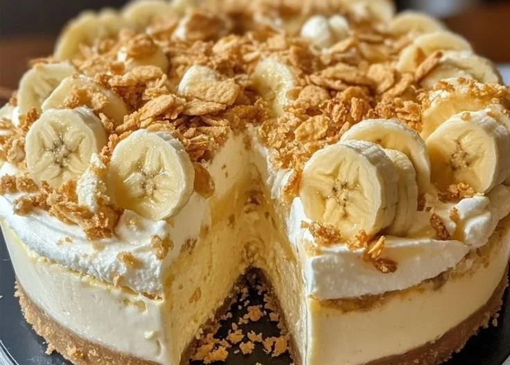 Slice of Banana Pudding Crunch Cheesecake with whipped cream and banana slices