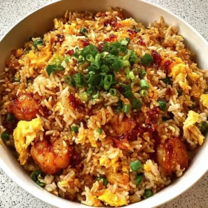 A bowl of Bang Bang Fried Rice topped with colorful vegetables and spices.