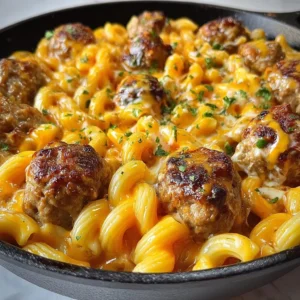 BBQ Ranch Meatball and Cheddar Pasta Skillet served in a bowl