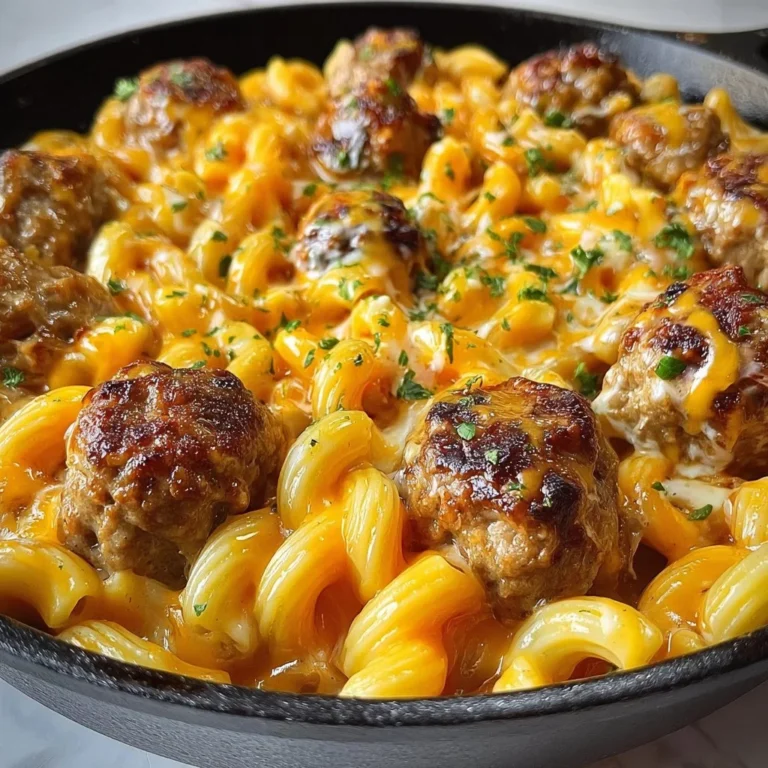 BBQ Ranch Meatball and Cheddar Pasta Skillet served in a bowl