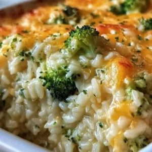 Cheesy broccoli rice casserole dish with layers of cheesy goodness and green broccoli florets