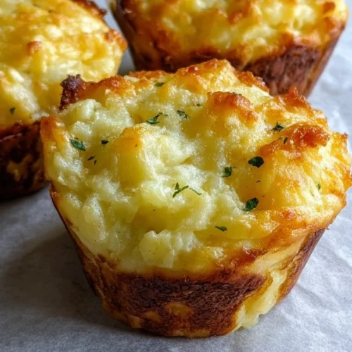 Cheesy mashed potato muffins fresh out of the oven, garnished with herbs.