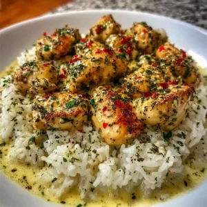 Plate of Chicken Scampi with creamy garlic parmesan rice garnished with parsley