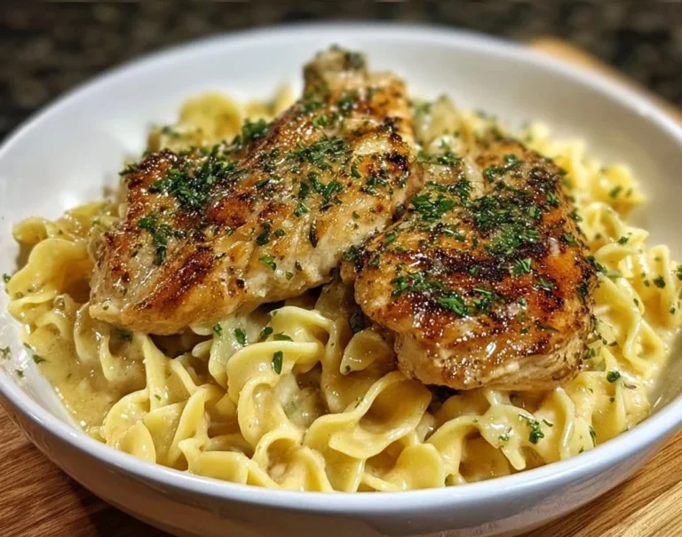 Plate of Chicken with Buttered Noodles garnished with herbs