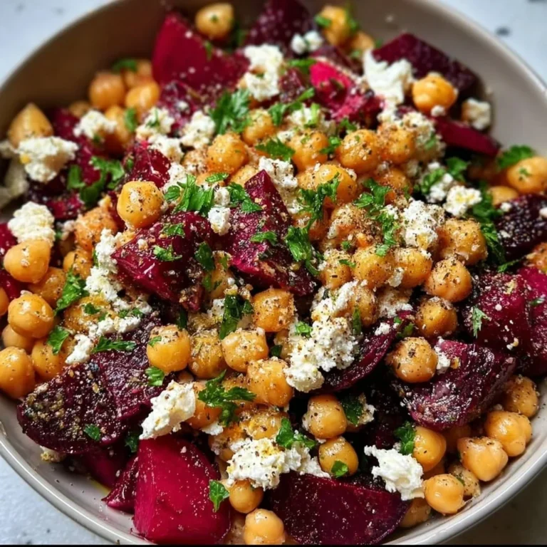 Chickpea, Beet, and Feta Salad beautifully arranged in a bowl
