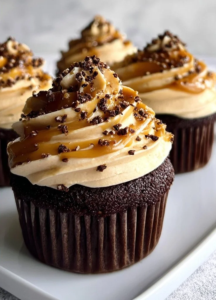 Delicious chocolate espresso cupcakes with salted caramel buttercream frosting.