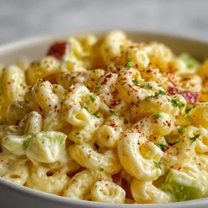 Bowl of classic creamy macaroni salad with vegetables and dressing
