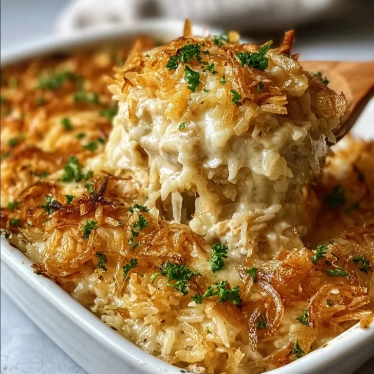Baked French Onion Chicken with rice and melted cheese in a dish