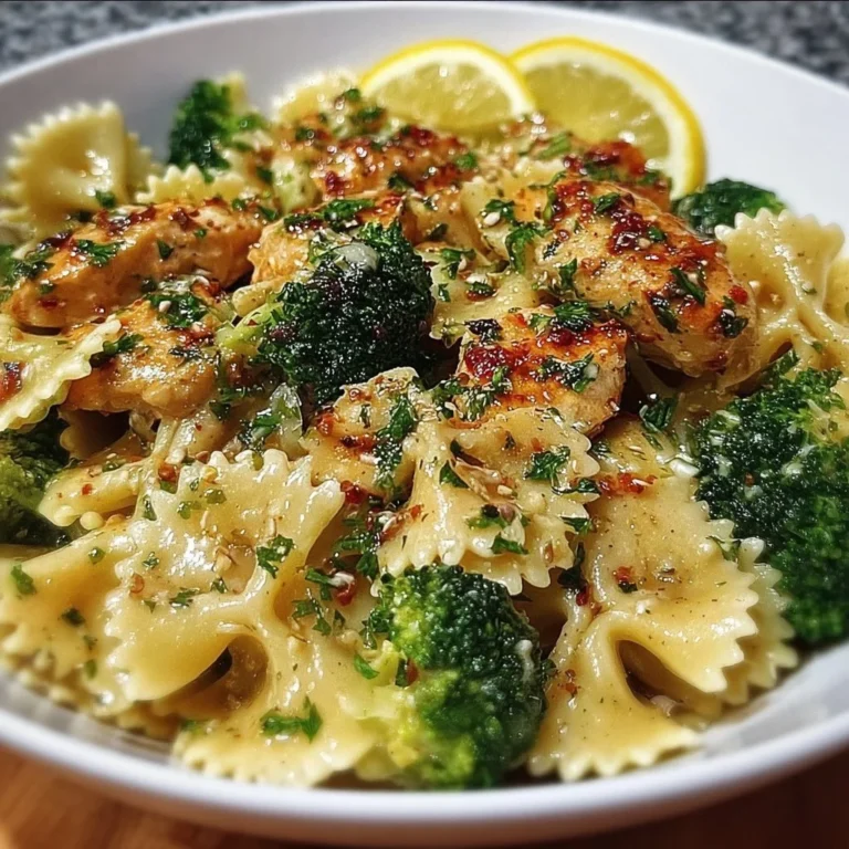 Cowboy Butter Lemon Bowtie Chicken served with fresh broccoli