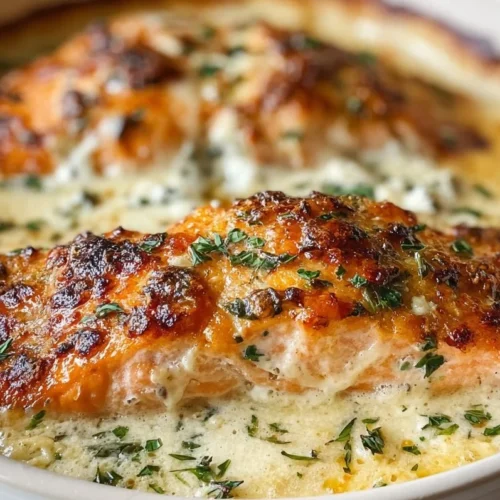 Creamy Boursin Salmon Bake served on a plate with herbs and lemon.