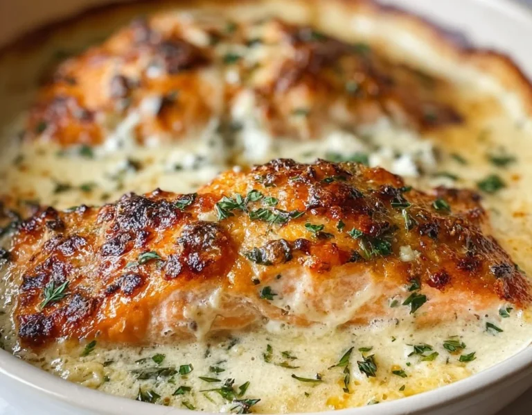 Creamy Boursin Salmon Bake served on a plate with herbs and lemon.