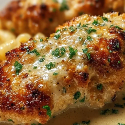 Creamy Garlic Parmesan Chicken with herbs and cheese served on a plate.