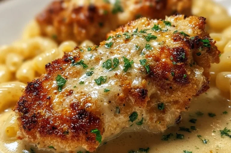 Creamy Garlic Parmesan Chicken with herbs and cheese served on a plate.