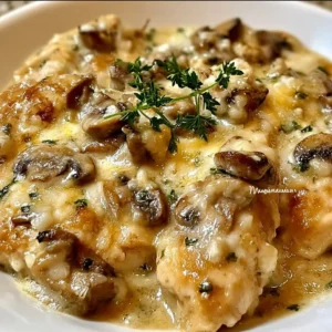 Creamy mushroom asiago chicken dish garnished with herbs