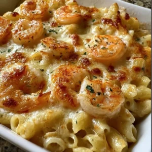 Creamy shrimp scampi pasta bake topped with herbs and cheese