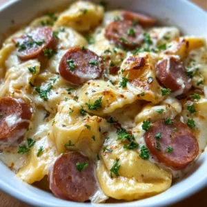 Delicious Crock Pot Pierogi Casserole topped with Kielbasa in a creamy sauce.