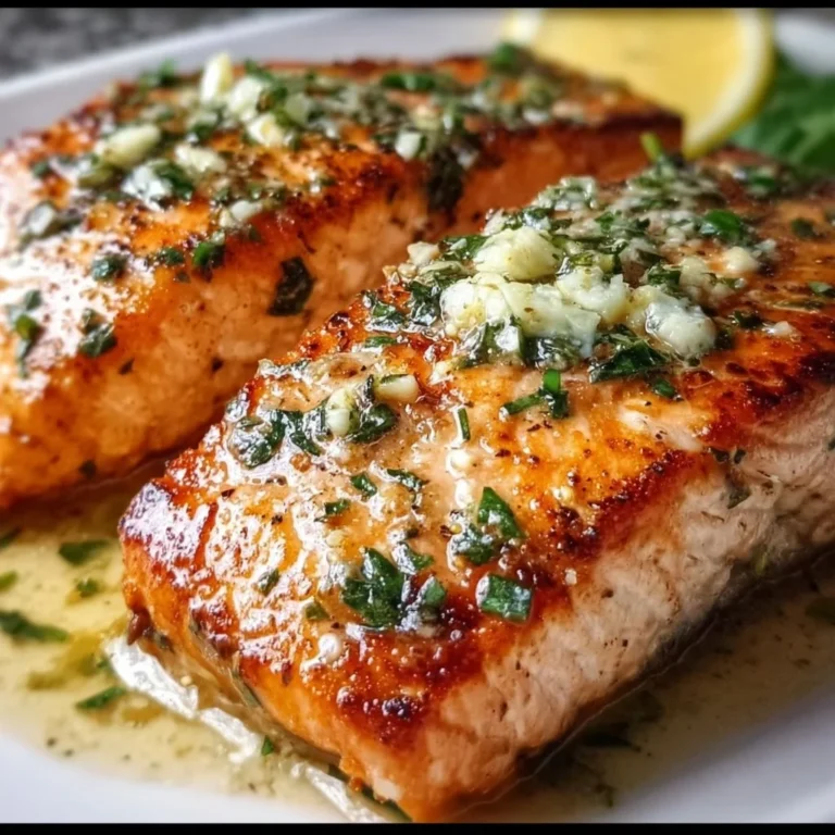 Pan seared salmon fillet with garlic butter sauce on a plate