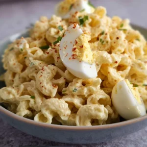 Delicious deviled egg pasta salad with creamy dressing and garnishes.