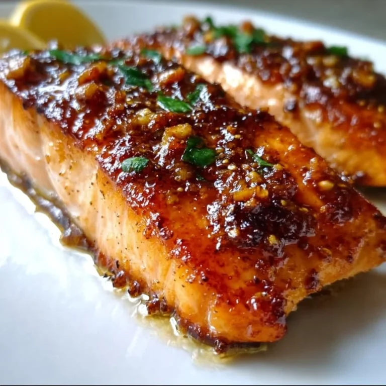 Honey garlic butter baked salmon served on a plate garnished with herbs