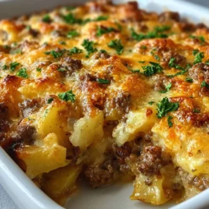 Easy hamburger potato casserole topped with cheese and herbs