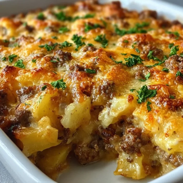 Easy hamburger potato casserole topped with cheese and herbs