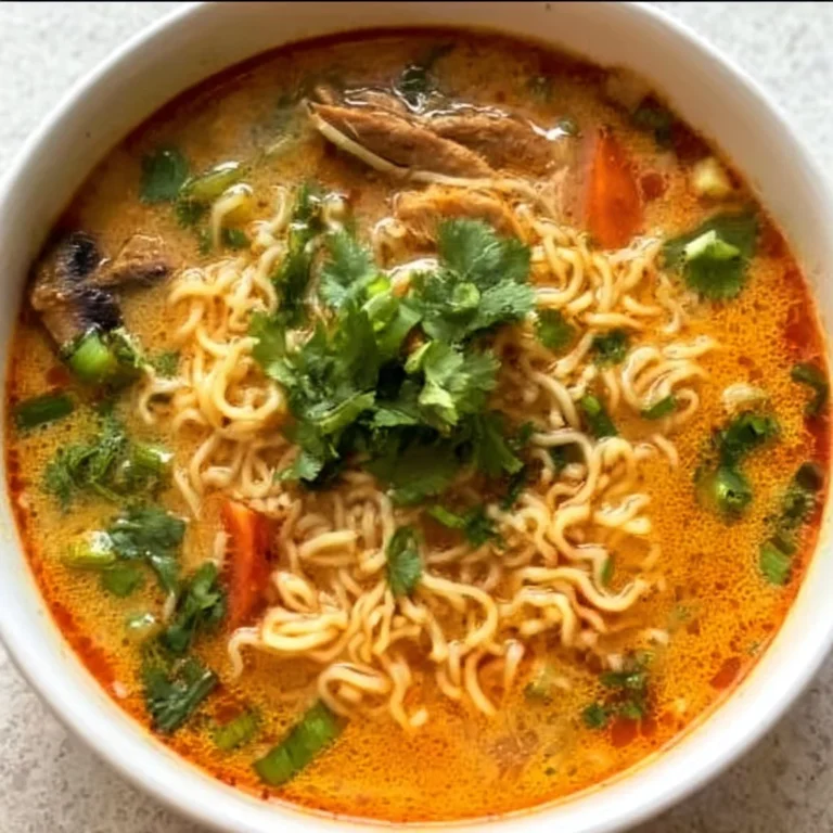Bowl of easy Thai noodle soup garnished with fresh herbs and lime.