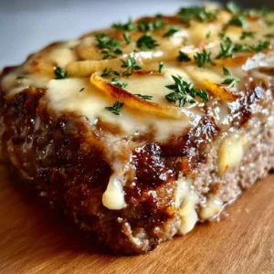 Delicious French onion meatloaf topped with caramelized onions and cheese