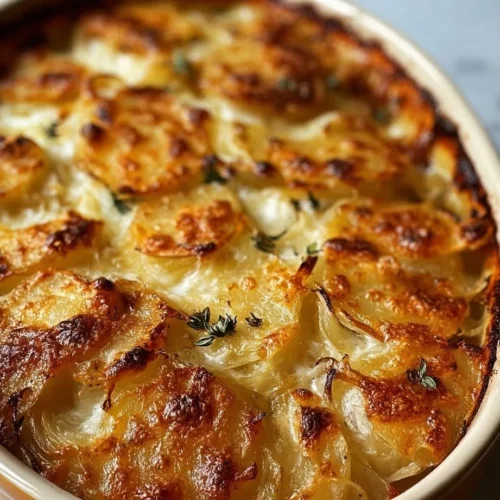 Delicious French Onion Potato Bake with layers of potatoes and cheese
