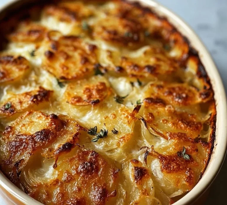 Delicious French Onion Potato Bake with layers of potatoes and cheese