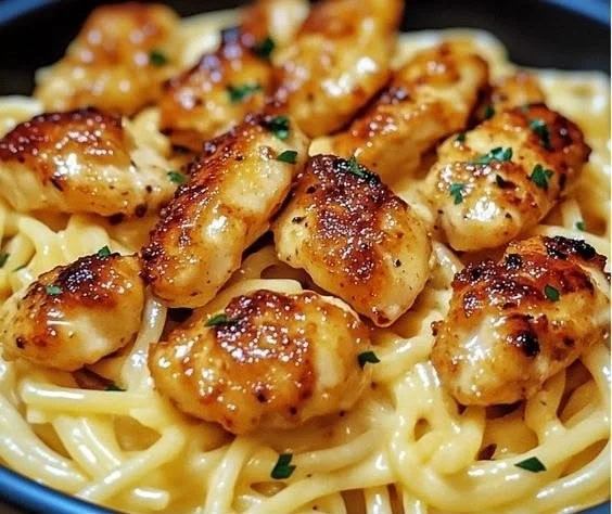 Garlic Butter Chicken Bites served with creamy parmesan pasta on a plate