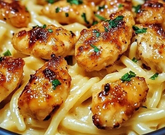 Garlic Butter Chicken Bites with Savory Creamy Parmesan Pasta