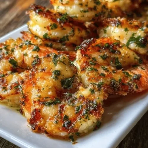 Delicious Garlic Parmesan Roasted Shrimp served in a bowl with herbs.