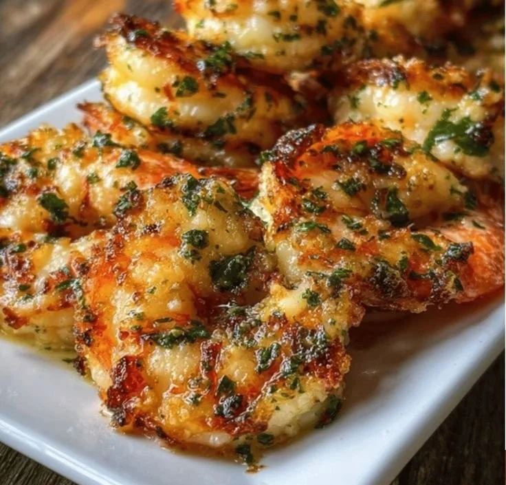 Delicious Garlic Parmesan Roasted Shrimp served in a bowl with herbs.