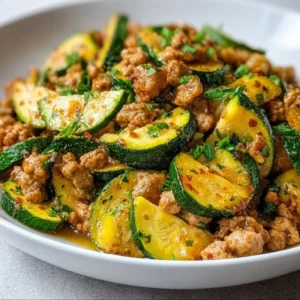 Ground turkey and zucchini skillet dish served in a frying pan