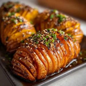 Hasselback sweet potatoes topped with maple-miso butter and sesame garnish