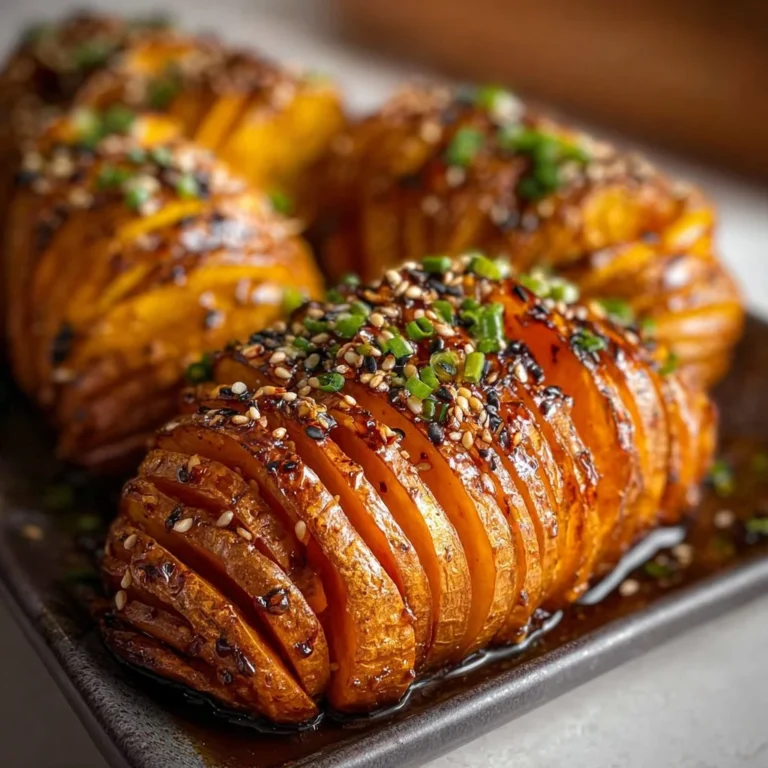 Hasselback sweet potatoes topped with maple-miso butter and sesame garnish