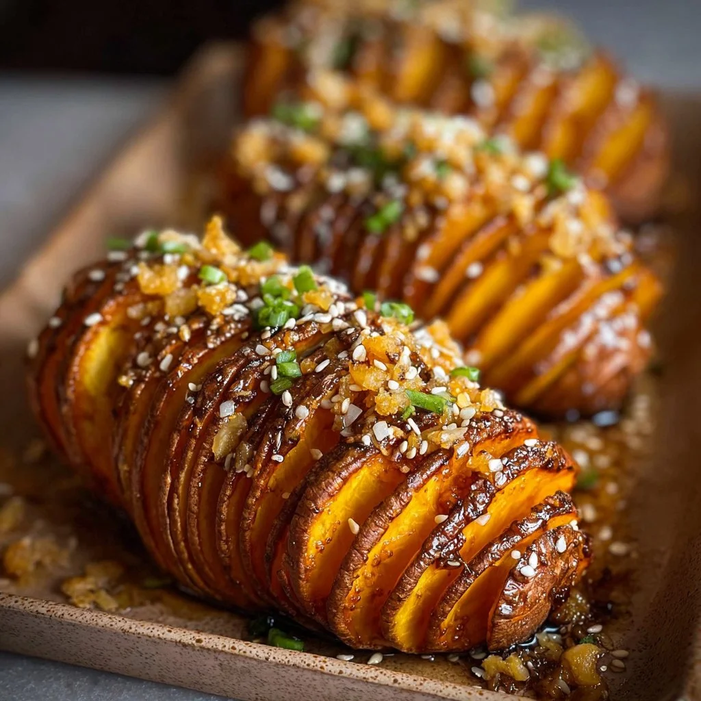 Hasselback Sweet Potatoes with Maple-Miso Butter & Sesame