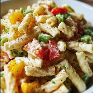 Delicious Jimmy Buffett pasta salad with colorful vegetables and dressing.