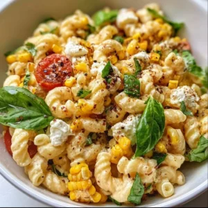 Delicious bowl of juicy street corn pasta salad with fresh ingredients