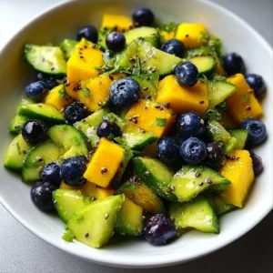 Mango Cucumber Salad with Blueberries and Avocado in a bowl