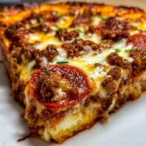 Delicious Meat Lovers Pizza Casserole with layers of meats and cheese