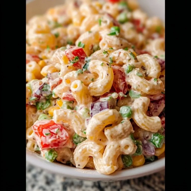 Bowl of colorful Mexican Macaroni Salad with vegetables and dressing