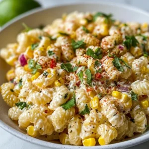 Plate of Mexican street corn pasta salad with fresh ingredients