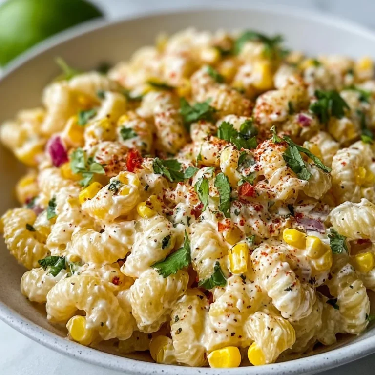 Plate of Mexican street corn pasta salad with fresh ingredients