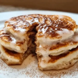 Fluffy Nancy's Cinnamon Roll Pancakes with icing drizzled on top